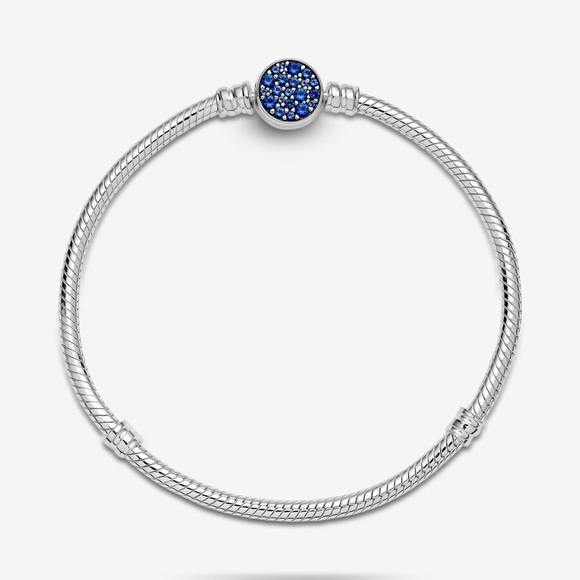 NEW! Pandora Moments Sparkling Blue Disc Clasp Snake Chain Bracelet Size 7.1" - Picture 2 of 13